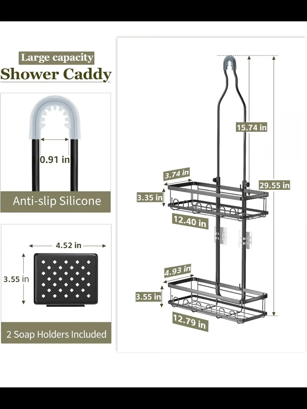 Adjustable Black Shower Caddy Organizer with Hooks and Shelves